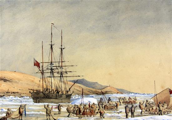 A 19th century ink and watercolour study of the icebound ship HMS Investigator, 10.5 x 14.5in.